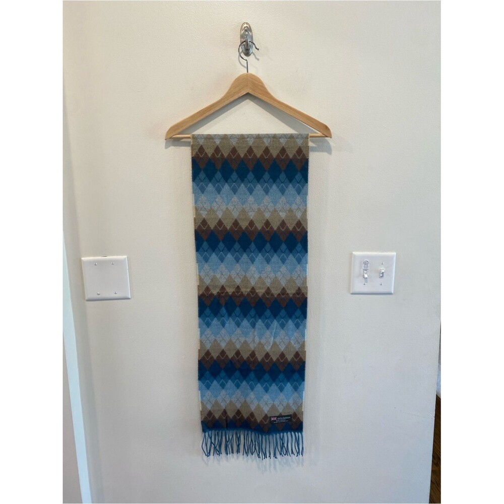 Cashmere Scotland scarf argyle tassel fringe 100% cashmere blue brown luxury